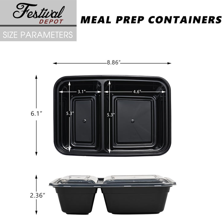 32 oz. 8.86"x 6.1"x 2.56" Rectangle 2 Compartment Meal Prep Containers, Plastic To Go Containers with Lids