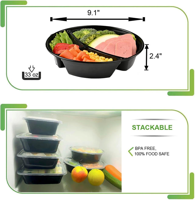 33 oz. 9.06" x 2.36" Round 3 Compartment Meal Prep Containers, Plastic To Go Containers with Lids