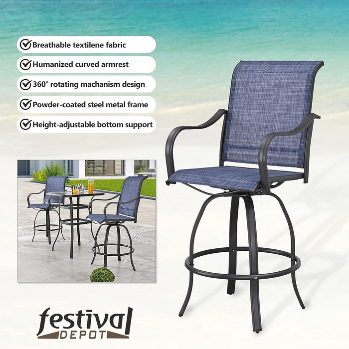 2-Pack Blue Counter Bar Height Textilene Swivel Stool Armrests Dining Chairs for Outdoor Bistro Elegance