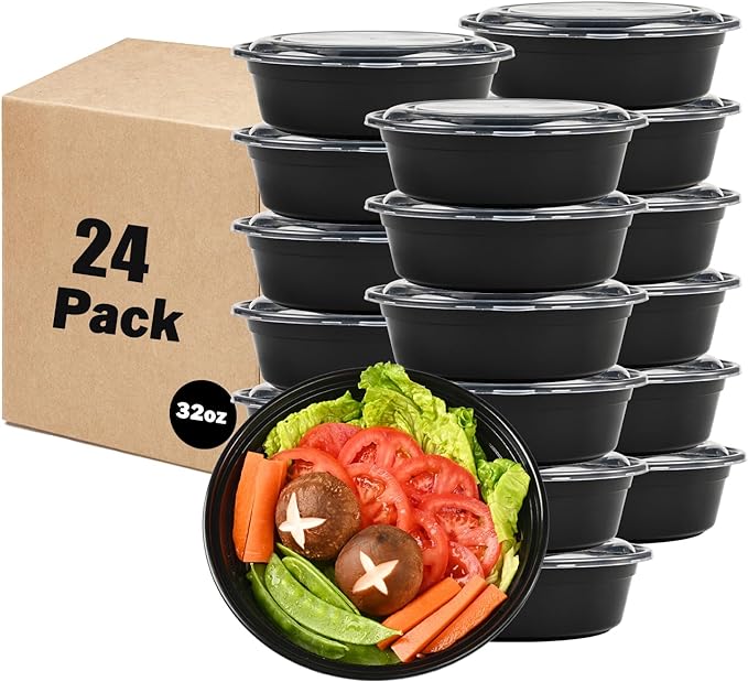 32 oz. 7.5" x 2.36" Round 1 Compartment Meal Prep Containers, Plastic To Go Containers with Lids