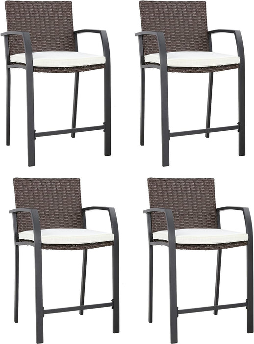 Elegance Wicker 23.2" Counter Height Patio Stools Rattan Armrests Bar Chairs Set with Beige Cushions Footrests and Metal Frame