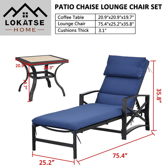 3-Piece Outdoor Lounge Set with Cushioned Adjustable Recline Chaise Chairs and Coffee Table