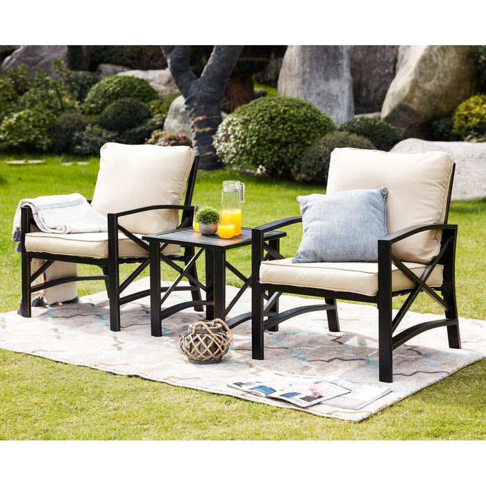 Luxurious 3-Piece Outdoor Bistro Set with Comfortable Cushioned Metal Armchairs and Elegant Side Coffee Table 