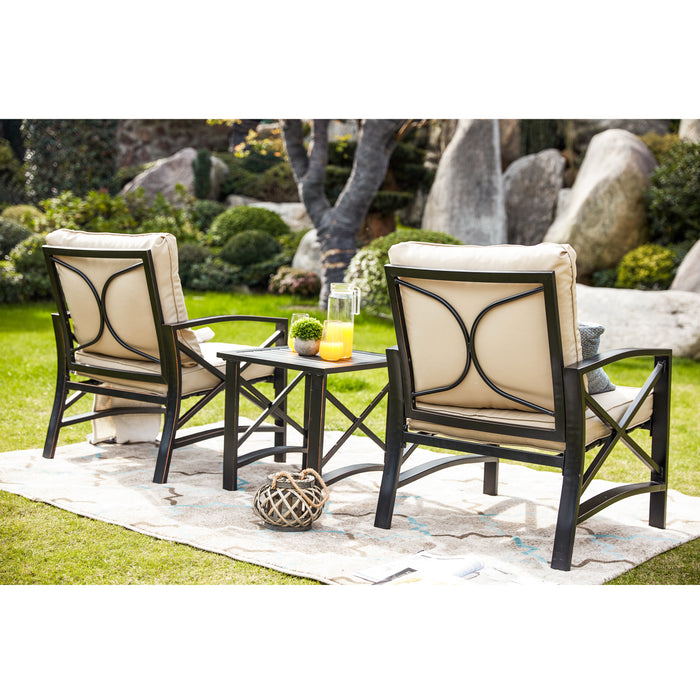 Luxurious 3-Piece Outdoor Bistro Set with Comfortable Cushioned Metal Armchairs and Elegant Side Coffee Table 