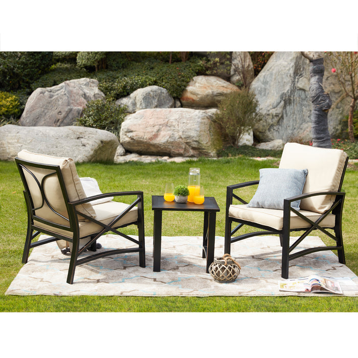 Luxurious 3-Piece Outdoor Bistro Set with Comfortable Cushioned Metal Armchairs and Elegant Side Coffee Table 