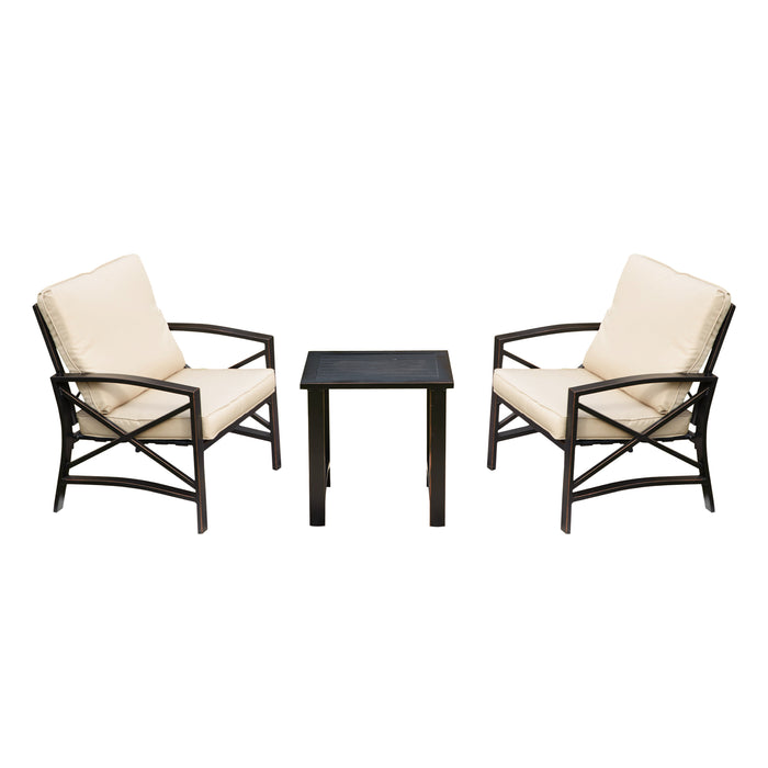 Luxurious 3-Piece Outdoor Bistro Set with Comfortable Cushioned Metal Armchairs and Elegant Side Coffee Table