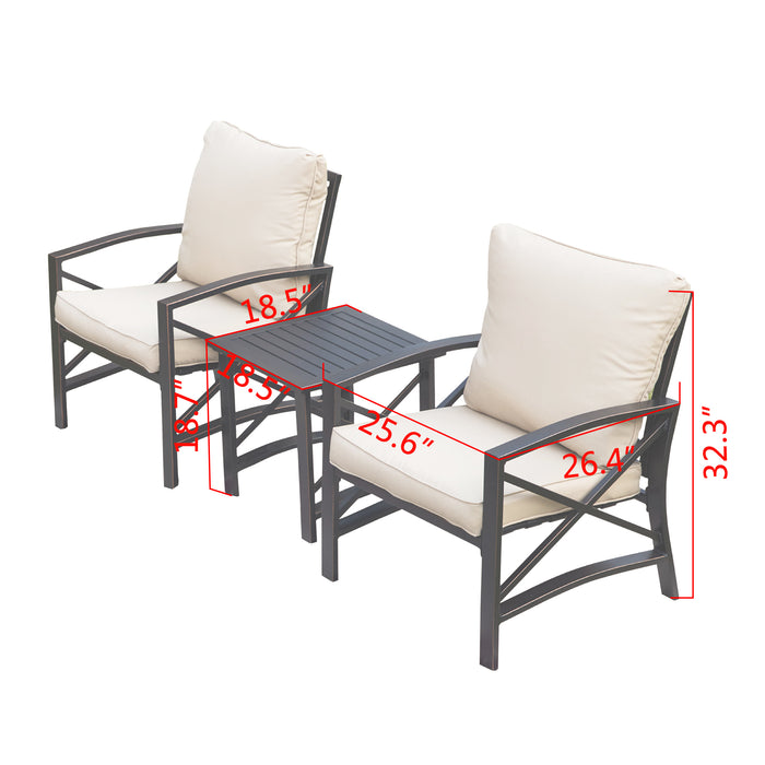 Luxurious 3-Piece Outdoor Bistro Set with Comfortable Cushioned Metal Armchairs and Elegant Side Coffee Table 