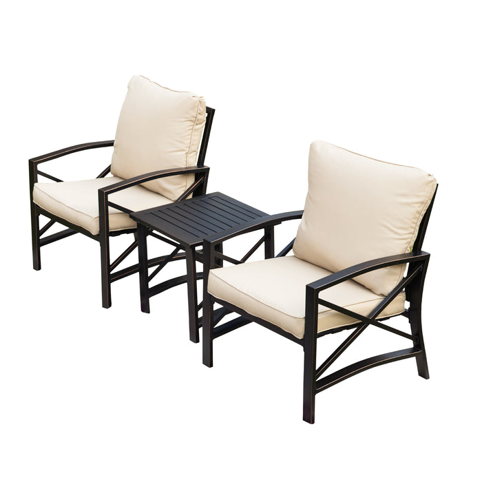 Luxurious 3-Piece Outdoor Bistro Set with Comfortable Cushioned Metal Armchairs and Elegant Side Coffee Table 