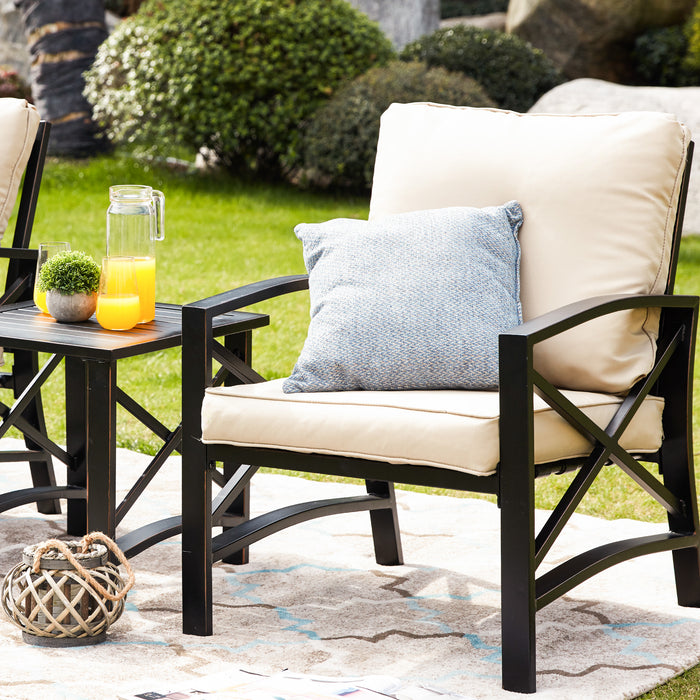 Luxurious 3-Piece Outdoor Bistro Set with Comfortable Cushioned Metal Armchairs and Elegant Side Coffee Table 