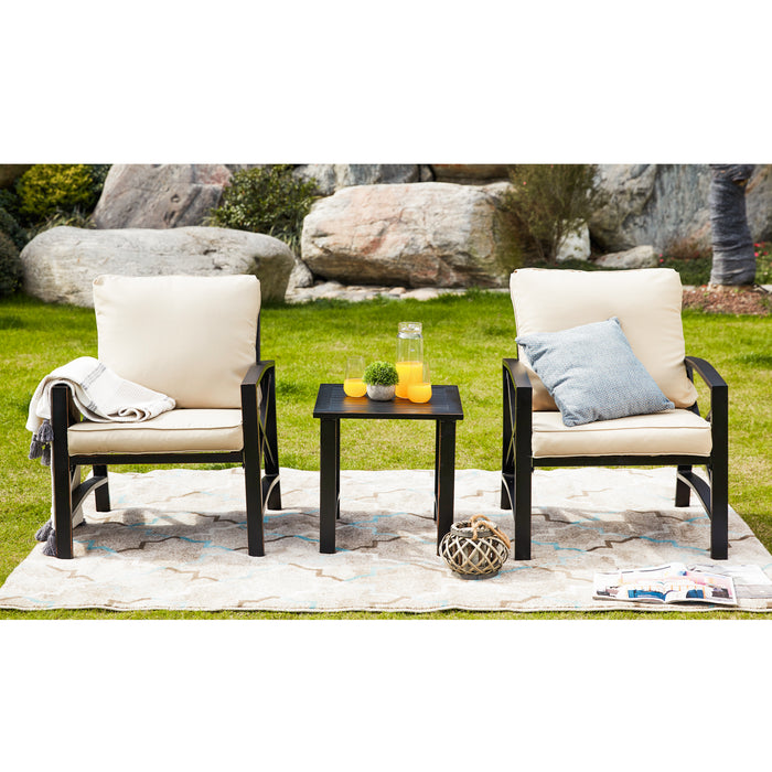 Luxurious 3-Piece Outdoor Bistro Set with Comfortable Cushioned Metal Armchairs and Elegant Side Coffee Table