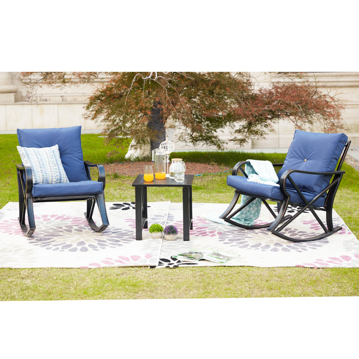 Luxury 3 Piece Outdoor Steel Rocking Chair Set Bistro Set with Coffee Table and Cushions