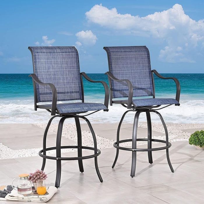 2-Pack Blue Counter Bar Height Textilene Swivel Stool Armrests Dining Chairs for Outdoor Bistro Elegance