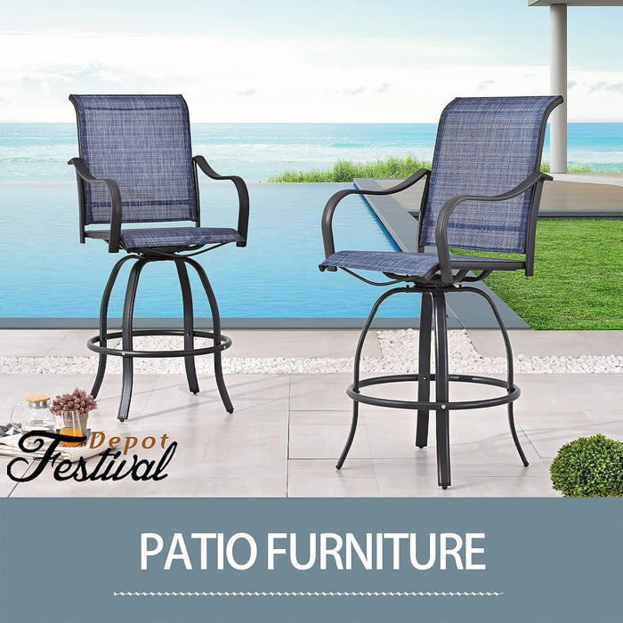 2-Pack Blue Counter Bar Height Textilene Swivel Stool Armrests Dining Chairs for Outdoor Bistro Elegance