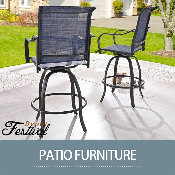 2-Pack Blue Counter Bar Height Textilene Swivel Stool Armrests Dining Chairs for Outdoor Bistro Elegance