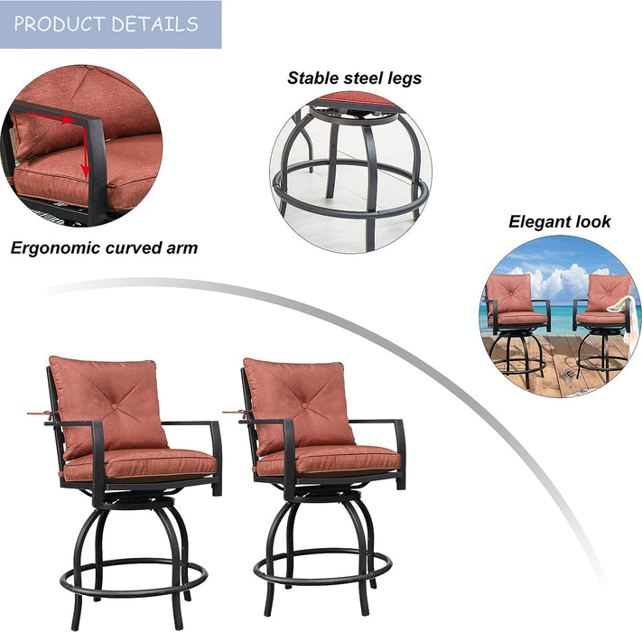 Elegant 2-Piece 24.5" Patio Swivel Backrest Counter Height Chair Set with Armrests and Cushioned Seats
