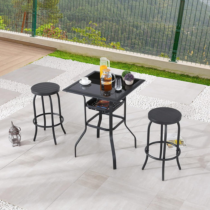 Elegant 3 Piece Outdoor Bistro Bar Set Backless Bar Stools w/ Foot Pedals and Tempered Glass Top Table