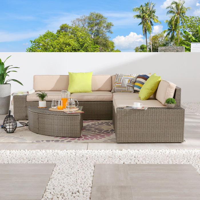 Luxury 6 Piece Versatile Outdoor Rattan Sectional Sofa Set with Cushions and Coffee Table