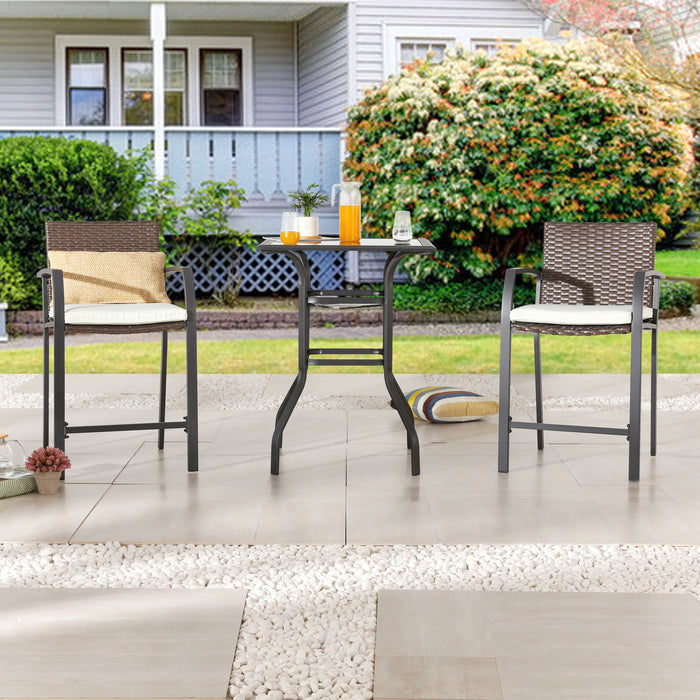 Chic Rattan 3-Piece Patio Bar Set 2 Cushioned Armchairs Wicker Stools & Tempered Glass Top Table