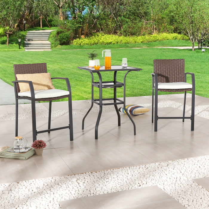 Chic Rattan 3-Piece Patio Bar Set 2 Cushioned Armchairs Wicker Stools & Tempered Glass Top Table