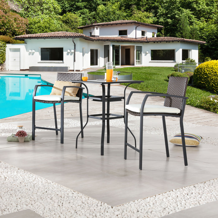 Chic Rattan 3-Piece Patio Bar Set 2 Cushioned Armchairs Wicker Stools & Tempered Glass Top Table