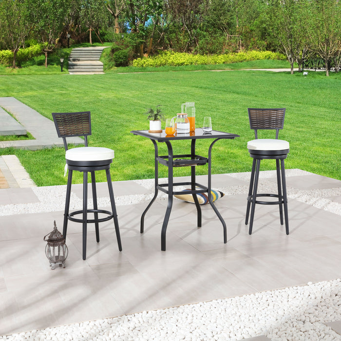 Chic 3 Piece Woven Wicker Patio Bar Set with Beige 360° Swivel Chairs and Tempered Glass Top Table