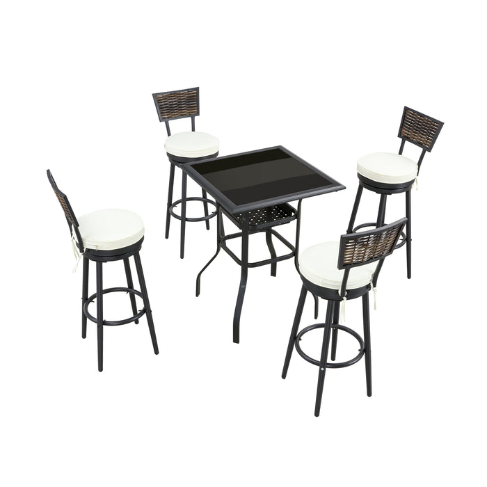 Modern 5 Piece Woven Wicker Patio Bar Set with Beige 360° Swivel Chairs and Tempered Glass Top Table