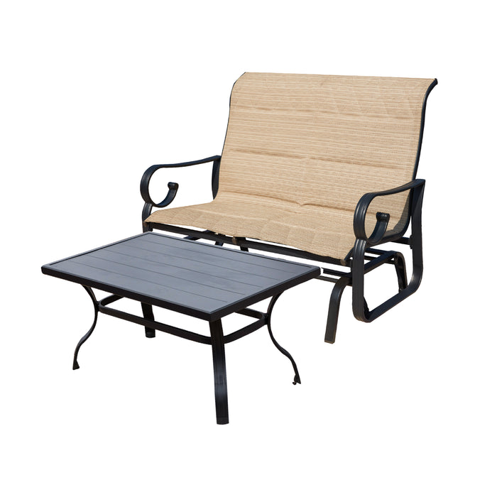 Modern 2 Piece Beige Patio Conversation Set with Textilene Glider Chairs & Metal Coffee Table