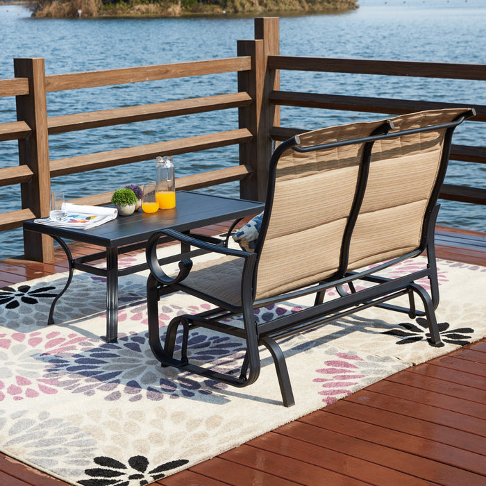 Modern 2 Piece Beige Patio Conversation Set with Textilene Glider Chairs & Metal Coffee Table