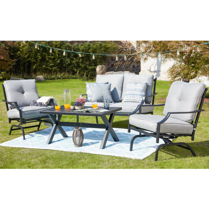 Festival Depot 4 Pieces Patio Conversation Set Outdoor Armchairs Loveseat Set with Coffee Table Fabric Metal Frame Furniture Garden Bistro Seating Thick Soft Cushion