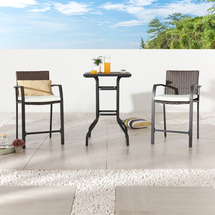 Chic Rattan 3 Piece Patio Bar Set 2 Cushioned Armchairs Wicker Stools & Metal Frame Counter Table