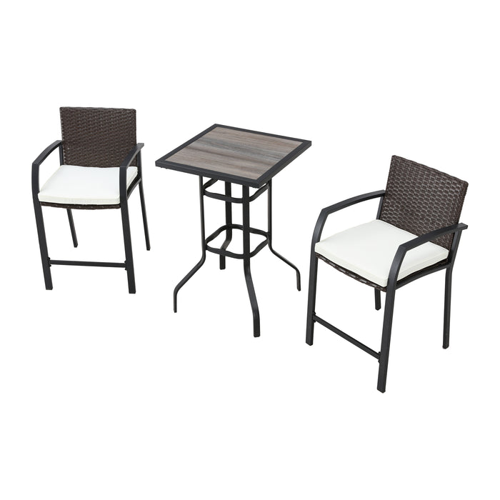 Chic Rattan 3 Piece Patio Bar Set 2 Cushioned Armchairs Wicker Stools & Metal Frame Counter Table