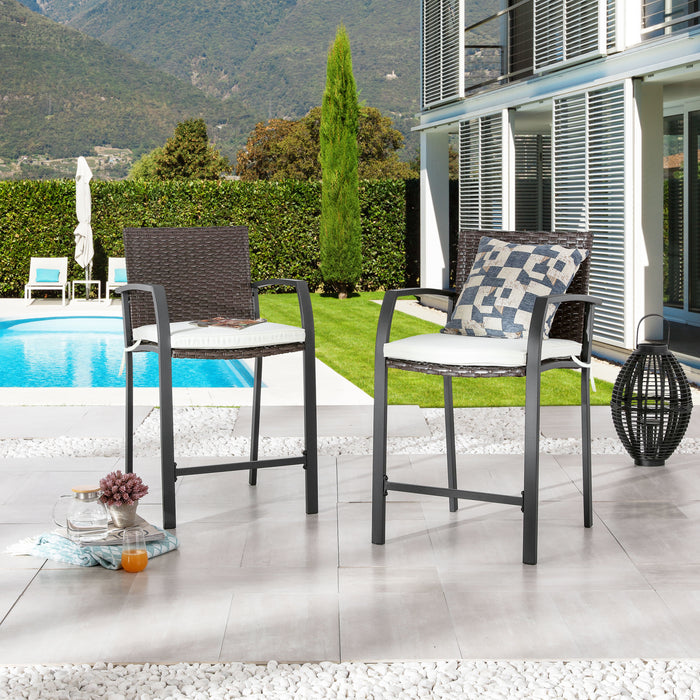 Chic Rattan 3 Piece Patio Bar Set 2 Cushioned Armchairs Wicker Stools & Metal Frame Counter Table