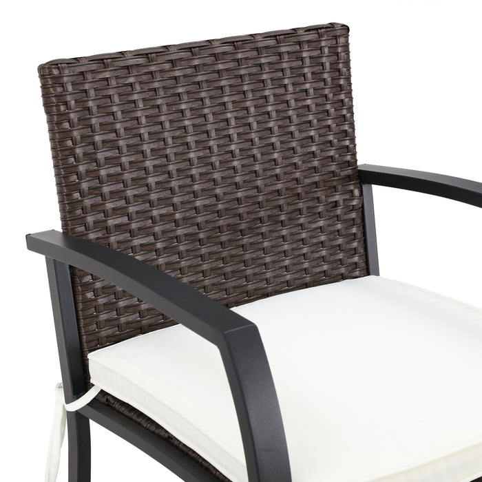 Chic Rattan 3 Piece Patio Bar Set 2 Cushioned Armchairs Wicker Stools & Metal Frame Counter Table