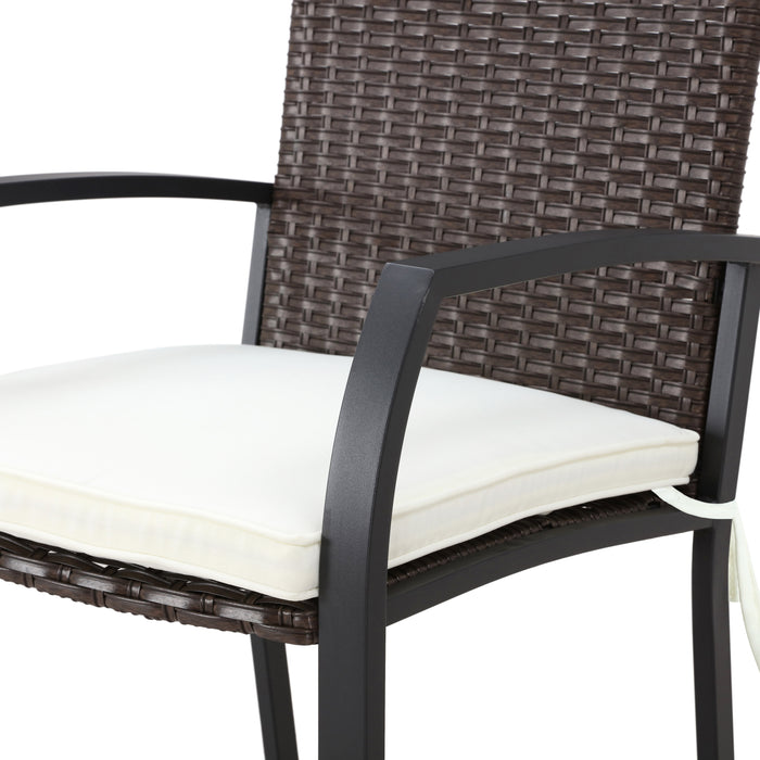 Chic Rattan 3-Piece Patio Bar Set 2 Cushioned Armchairs Wicker Stools & Tempered Glass Top Table