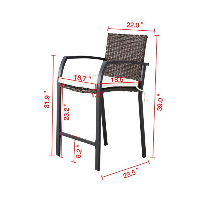 Chic Rattan 3-Piece Patio Bar Set 2 Cushioned Armchairs Wicker Stools & Tempered Glass Top Table