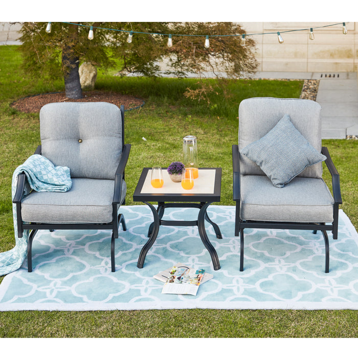 Cozy 3-Piece Patio Bistro Set with Cushioned Armrest Lounge Chairs & Square Metal Table