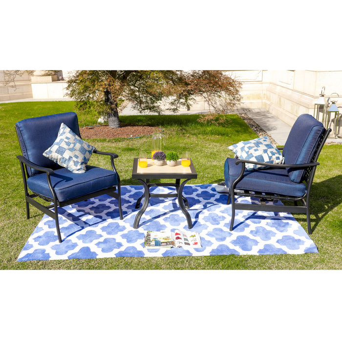 3-Piece Patio Bistro Set Metal Dining Chairs with Thick Cushions and Ceramic Top Side Table 