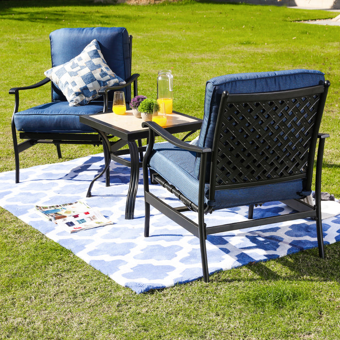 3-Piece Patio Bistro Set Metal Dining Chairs with Thick Cushions and Ceramic Top Side Table 