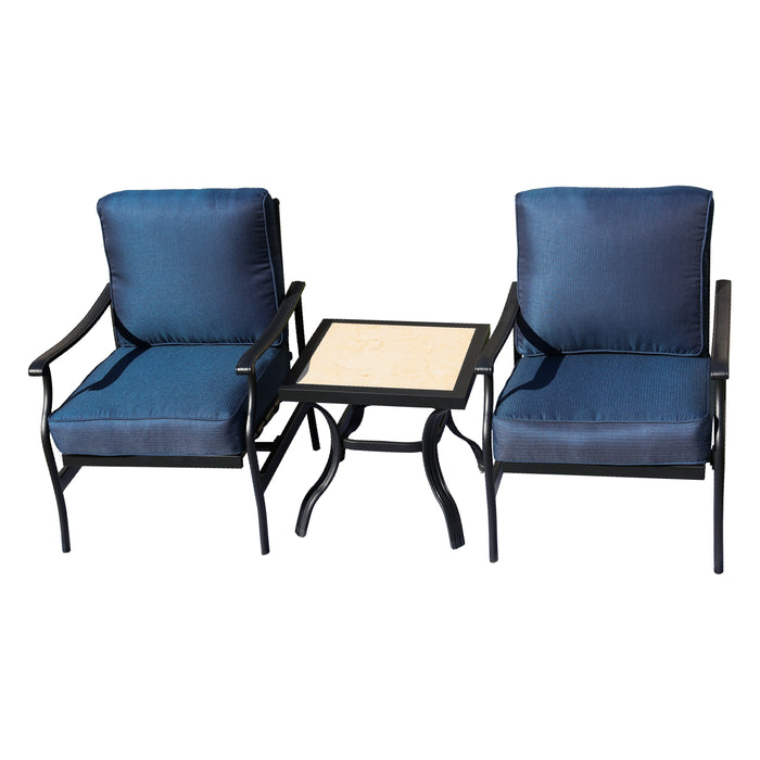 3-Piece Patio Bistro Set Metal Dining Chairs with Thick Cushions and Ceramic Top Side Table 