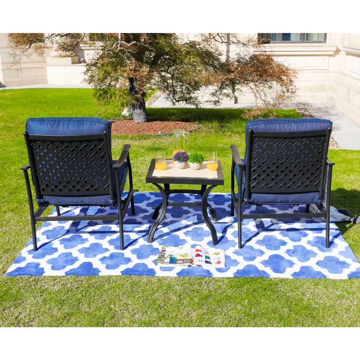 3-Piece Patio Bistro Set Metal Dining Chairs with Thick Cushions and Ceramic Top Side Table 