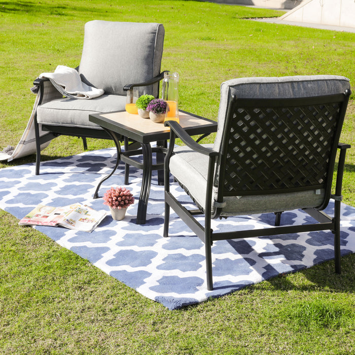 3-Piece Patio Bistro Set Metal Dining Chairs with Thick Cushions and Ceramic Top Side Table (Grey)