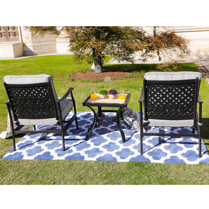 3-Piece Patio Bistro Set Metal Dining Chairs with Thick Cushions and Ceramic Top Side Table (Grey)