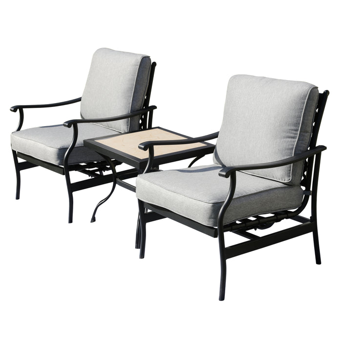 3-Piece Patio Bistro Set Metal Dining Chairs with Thick Cushions and Ceramic Top Side Table (Grey)