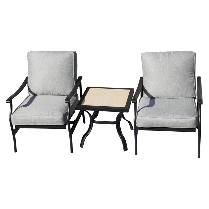 3-Piece Patio Bistro Set Metal Dining Chairs with Thick Cushions and Ceramic Top Side Table (Grey)