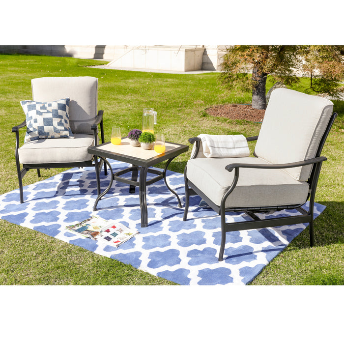 3-Piece Patio Bistro Set Metal Dining Chairs with Thick Cushions and Ceramic Top Side Table (Beige)