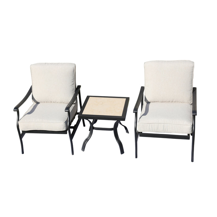 3-Piece Patio Bistro Set Metal Dining Chairs with Thick Cushions and Ceramic Top Side Table (Beige)