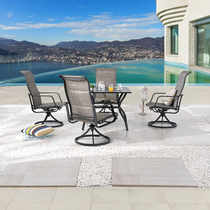 Stylish 5-Piece Outdoor 360° Swivel Armrests Dining Chairs Set with High Back Textilene Fabric and Metal Frame Table
