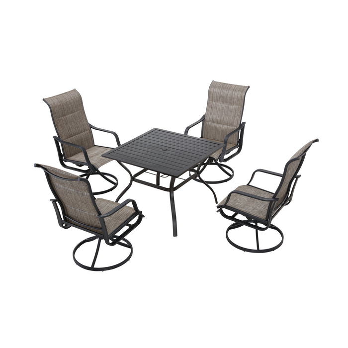 Stylish 5-Piece Outdoor 360° Swivel Armrests Dining Chairs Set with High Back Textilene Fabric and Metal Frame Table