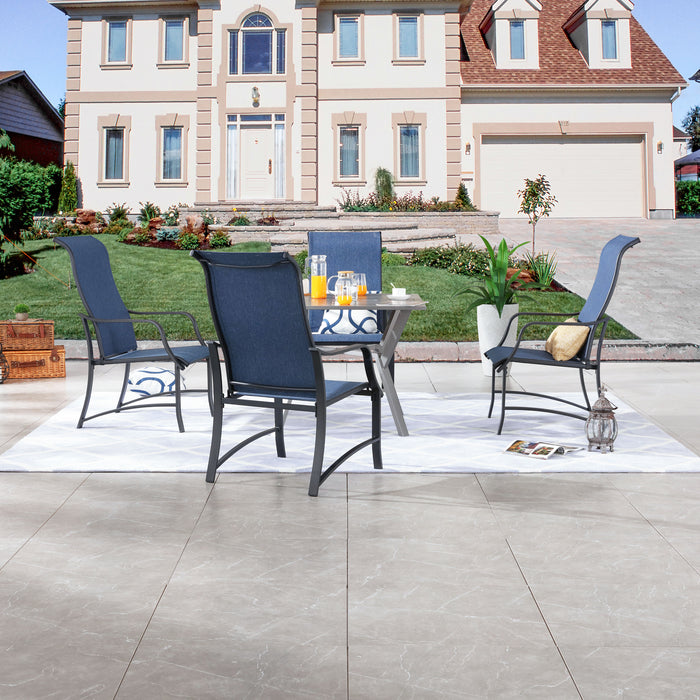 Stylish Outdoor 5-Pieces Dining Set: 4 Metal Patio Armchairs with High Back Textilene Fabric and 1 Square Metal Table