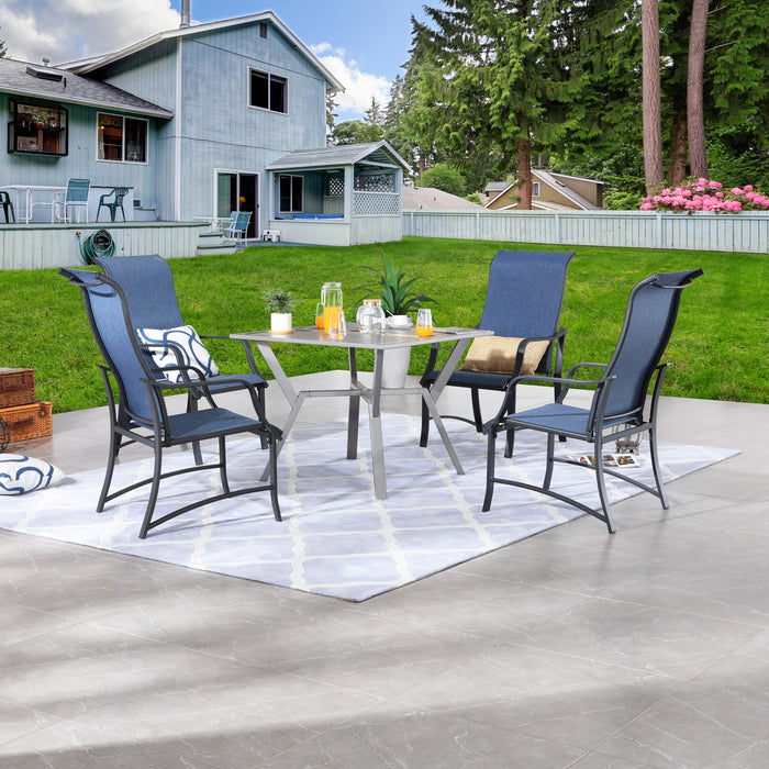 Stylish Outdoor 5-Pieces Dining Set: 4 Metal Patio Armchairs with High Back Textilene Fabric and 1 Square Metal Table